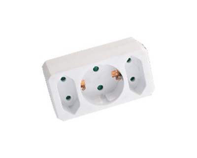 2 Ways Adapter With 2 Euro Socket 10A , 1 Socket 10/16A 250V ( Label+ Polybag ) White