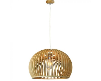 Wooden Pendant Light With Chrome Decorative Cap + Canopy + Lampshade Big Round D440*H280MM