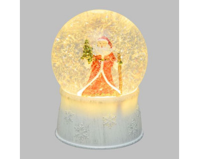 Sfera in Vetro ø13cm Decorata LED BIANCO CALDO con base in Plastica Bianco Antico glitter scintillante